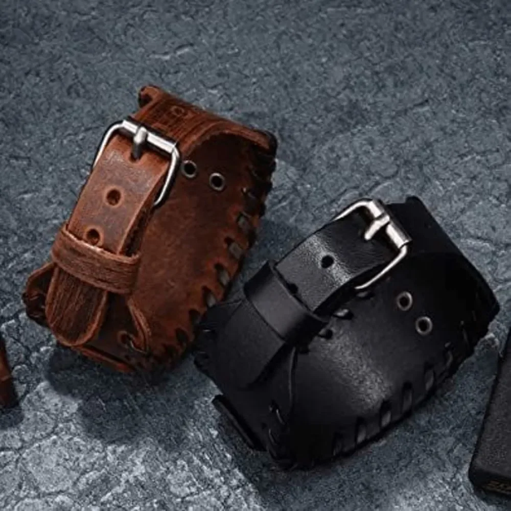 Viking Punk Gothic Black Leather Cuff Bracelet Wristband with Nordic Amulet